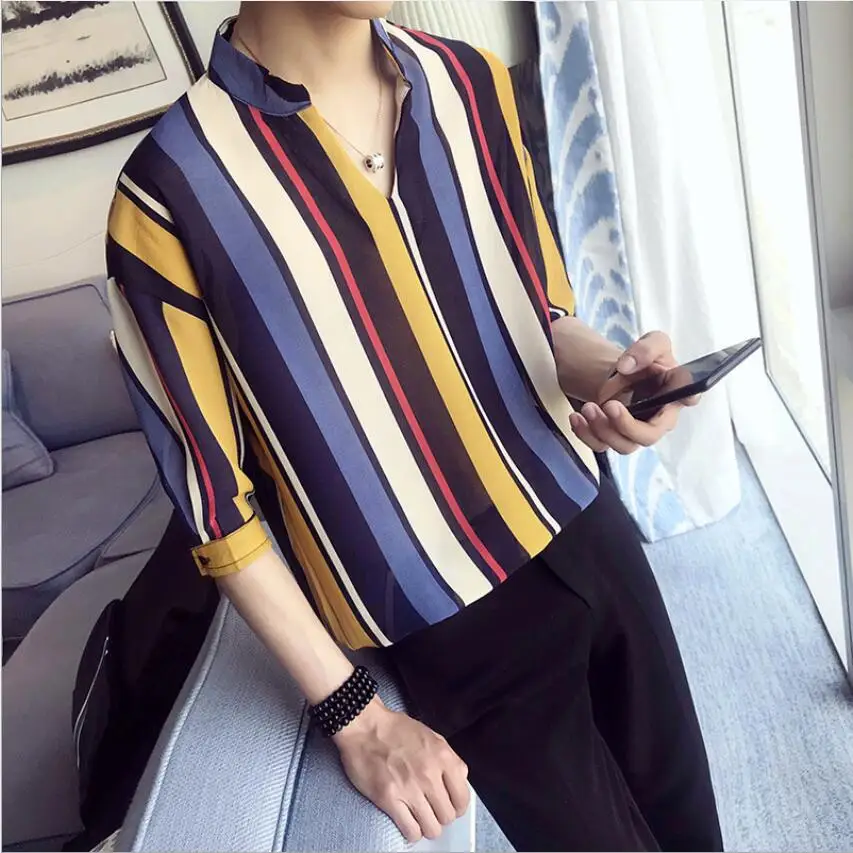 Summer Striped Shirt Men Fashion Brand Loose Stand Collar Pullover Mens Shirts Half Sleeve Casual Shirt Youthful Popularity
Summer Striped Shirt Men Fashion Brand Loose Stand Collar Pullover Mens Shirts Half Sleeve Casual Shirt Youthful Popularity