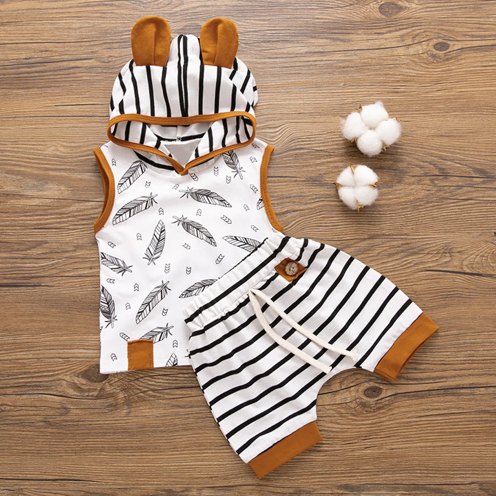 2PCs Fashionable Baby Summer Clothes Outfits Newborn Baby Boy Girl Hooded Feather T shirt Tops Striped Shorts Pants Clothes
2PCs Fashionable Baby Summer Clothes Outfits Newborn Baby Boy Girl Hooded Feather T shirt Tops Striped Shorts Pants Clothes