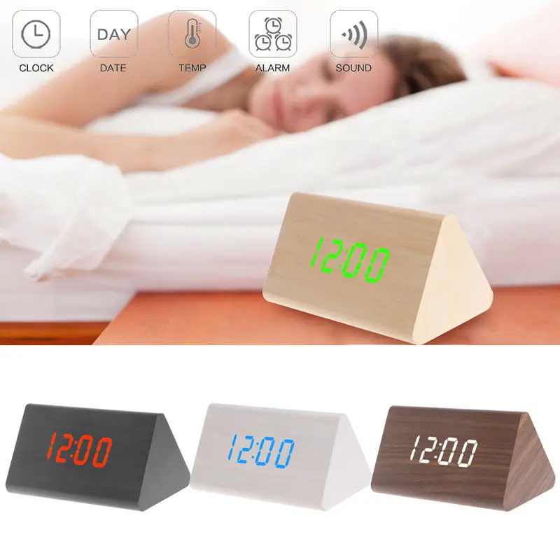 1pcs Creative Voice Control Alarm Clock Wooden Desk Clock LED Display USB Timer Digital Alarm Snooze Clock for Home Bedroom