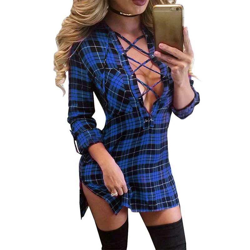 Trendy Sexy Women Dress Lace Up Bodycon Deep V-neck Plaid Mini Shirts Dresses Blue Long Sleeve Split Up Bandage Dress Plus Size
Trendy Sexy Women Dress Lace Up Bodycon Deep V-neck Plaid Mini Shirts Dresses Blue Long Sleeve Split Up Bandage Dress Plus Size