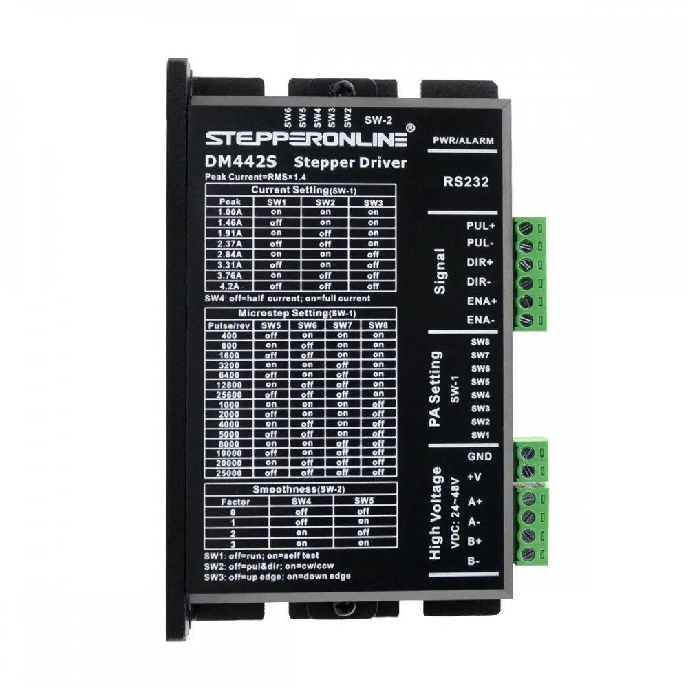 DM442S Small Size Digital Stepper Motor Driver RMS Current Max 3A 24-48VDC PUL/DIR and CW/CCW for Nema 23, 24 Stepper Motor
DM442S Small Size Digital Stepper Motor Driver RMS Current Max 3A 24-48VDC PUL/DIR and CW/CCW for Nema 23, 24 Stepper Motor