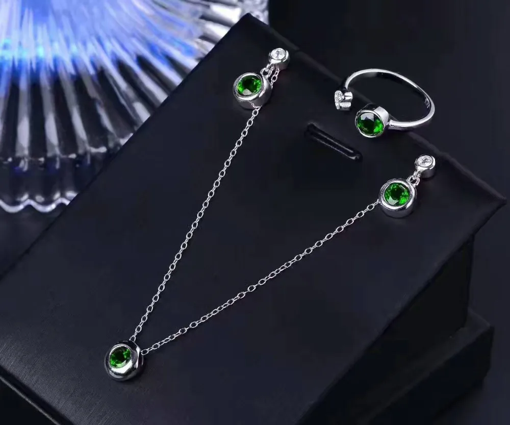 Natural green diopside Ring Pendant Earrings Gemstone Jewelry Set 925 Silver Simple Round Women party Necklace ring | Украшения и