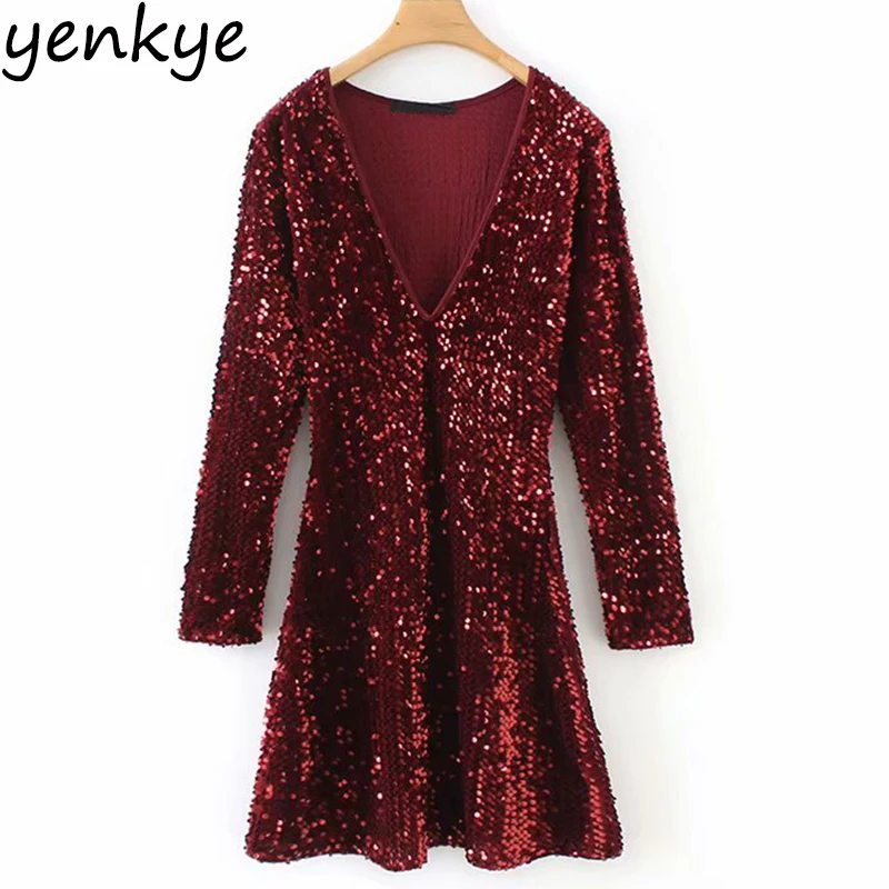 Fashion Women Long Sleeve Sequin Dress Lady Sexy V Neck A-line Slim Christmas Dress Mini Party vestido de festa YD8638
Fashion Women Long Sleeve Sequin Dress Lady Sexy V Neck A-line Slim Christmas Dress Mini Party vestido de festa YD8638