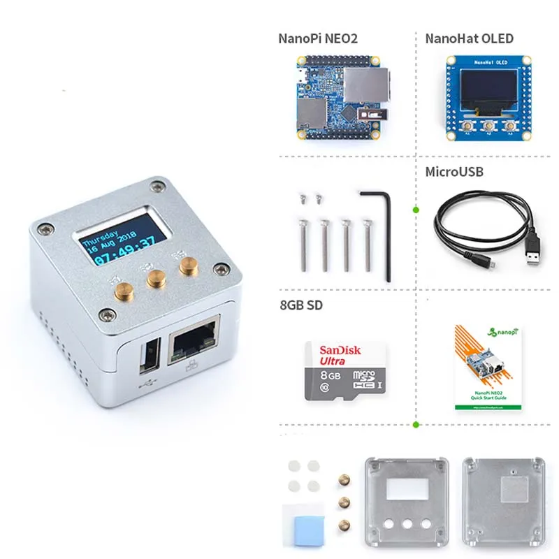 NanoPi NEO/NEO2 Metal Complete Kit Aluminum Housing oled Programmable in Python
NanoPi NEO/NEO2 Metal Complete Kit Aluminum Housing oled Programmable in Python