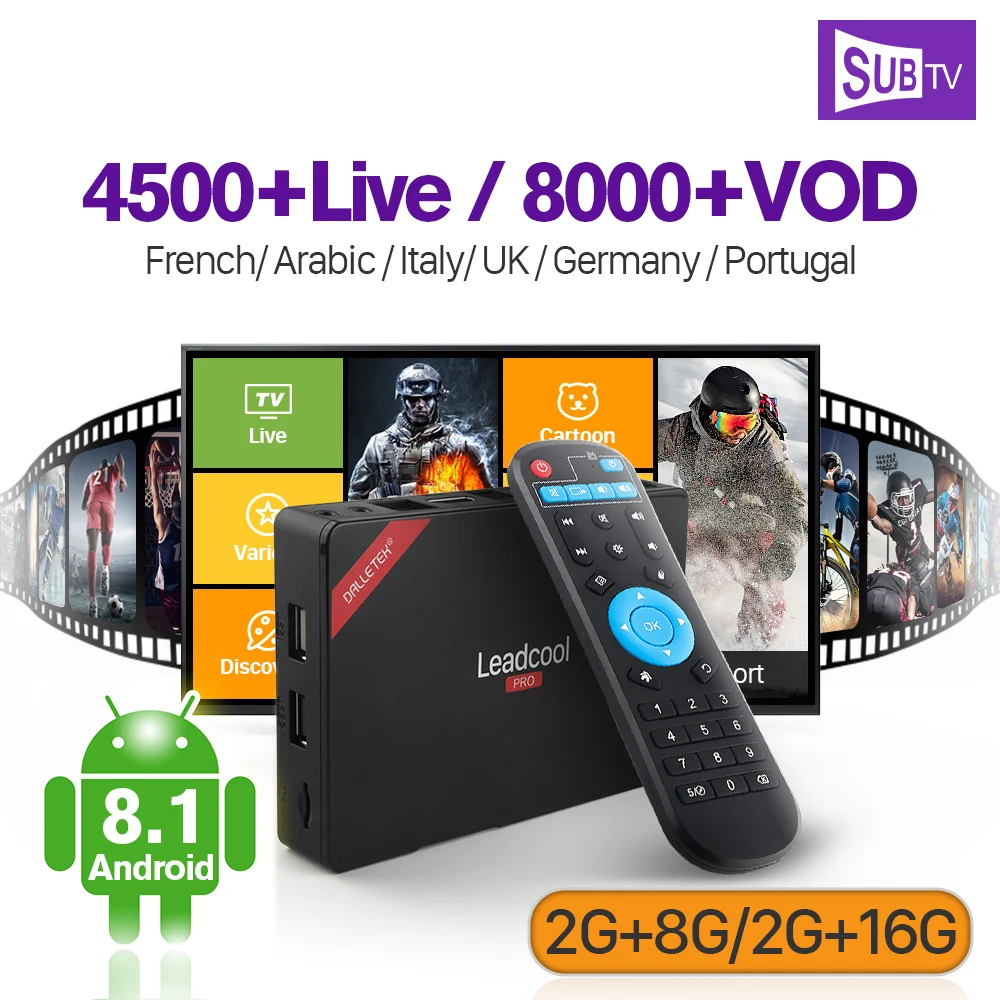 Leadcool Pro Android 8.1 IPTV Box 2G 8G/2G 16G RK3229 with SUBTV IPTV Subscription 1 Year IPTV France Arabic Beglium Canada