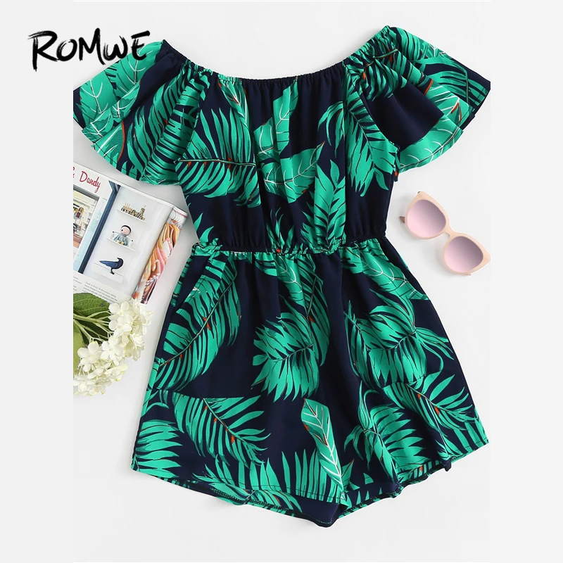 ROMWE Tropical Off Shoulder Leaf Print Romper Female Summer Off the Shoulder Short Sleeve High Waist Wide Leg Vacation Playsuit
ROMWE Tropical Off Shoulder Leaf Print Romper Female Summer Off the Shoulder Short Sleeve High Waist Wide Leg Vacation Playsuit