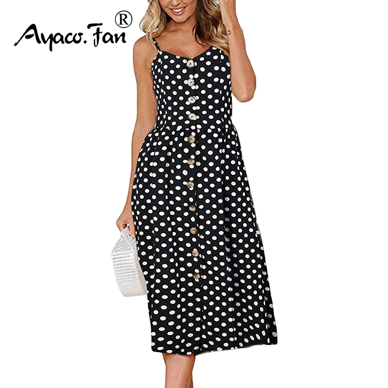 

Newest Women's Sexy Summer Dresses White Black Dots 2019 Boho Backless Sleeveless Button Striped Solid Midi Dress Slip Sundress