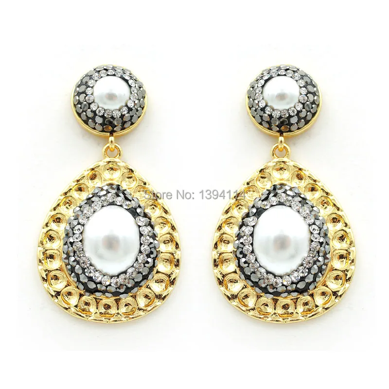 Natural Pearl Bead Pave CZ Drop Setting Stud Earrings Gold Plated Approx 40*21*6mm 
Natural Pearl Bead Pave CZ Drop Setting Stud Earrings Gold Plated Approx 40*21*6mm