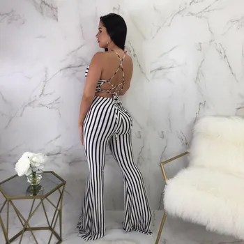 

2019 Women Summer Bandage Slim Striped Jumpsuits Sexy Sleeveless Off Shoulder Flared Rompers Clubwear Playsuit Overall