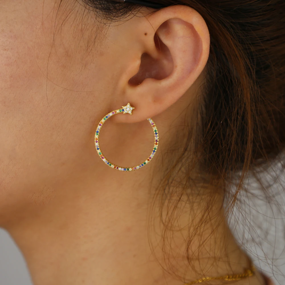 gorgeous luxury european women jewelry micro pave white colorful cz star round Circle geometric hoop earring
gorgeous luxury european women jewelry micro pave white colorful cz star round Circle geometric hoop earring