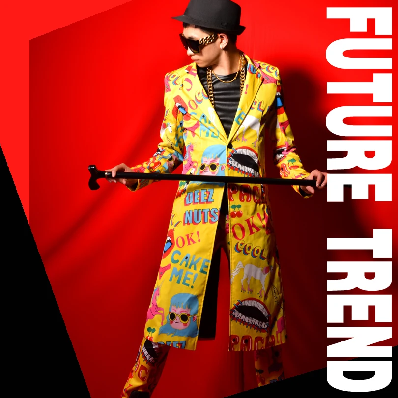 New fashion male singer DJ personality long suit European and American men hip hop graffiti long suit sets singer costumes
New fashion male singer DJ personality long suit European and American men hip hop graffiti long suit sets singer costumes