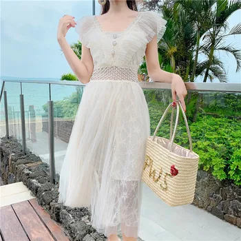 

Comelsexy New 2019 Summer Female In The Show Thin V Neck Lace Net Yarn Splicing Falbala Very Fairy Pearl Clasp Dress Vestidos