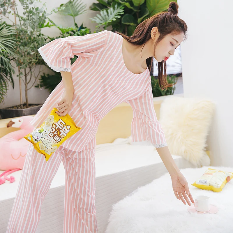 2019 Autumn Casual Striped 100% Cotton Pajama Sets for Women Long Pants Sleepwear Suit Pyjama Homewear Pijama Mujer Home Clothes
2019 Autumn Casual Striped 100% Cotton Pajama Sets for Women Long Pants Sleepwear Suit Pyjama Homewear Pijama Mujer Home Clothes