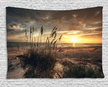 

Beach Tapestry by Calm Coastal Scene with Horizon in the Middle of Nowhere Cloudy Sunset Ocean Picture Wall Hanging for room