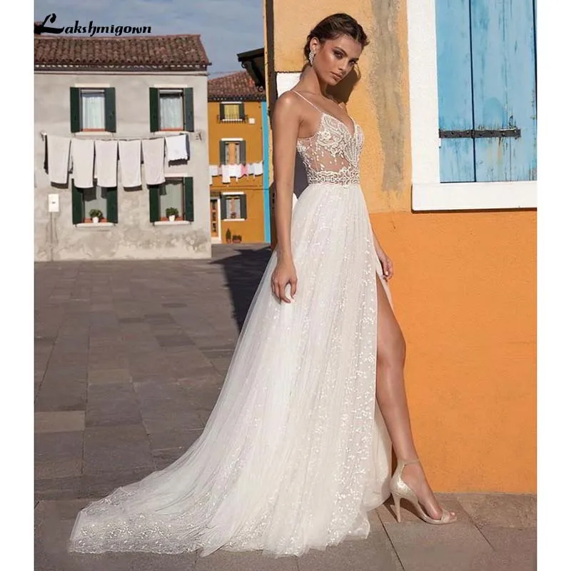 

Sexy Illusion Travel Wedding Dress Beach Wedding Gown with Pearls Beading Tulle Sweep Train Arab robe de mariee 2020