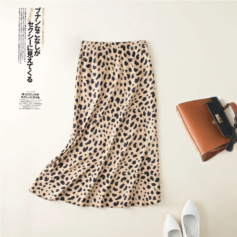 Юбка-карандаш трапециевидная из шелка тутового шелкопряда с леопардовым принтом, юбка-годе из плотного крепа, лето 2019