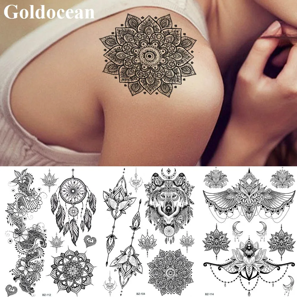 

Fashion Mandala Black Henna Flower Temporary Tattoos Stickers For Women Girls Body Art Fake Tattoo Wolf DreamCatcher Tatoo Paper