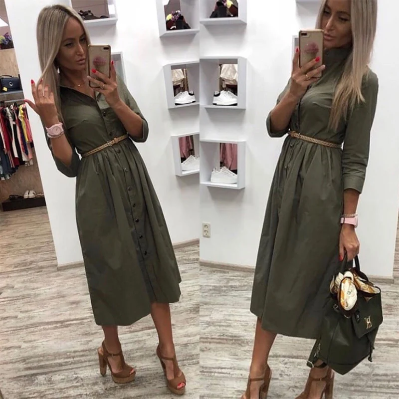 Women Vintage Sashes Button A-line Party Dress Three Quarter Sleeve Turn Down Collar Solid Long Dress 2019 Summer Women Dress
Women Vintage Sashes Button A-line Party Dress Three Quarter Sleeve Turn Down Collar Solid Long Dress 2019 Summer Women Dress