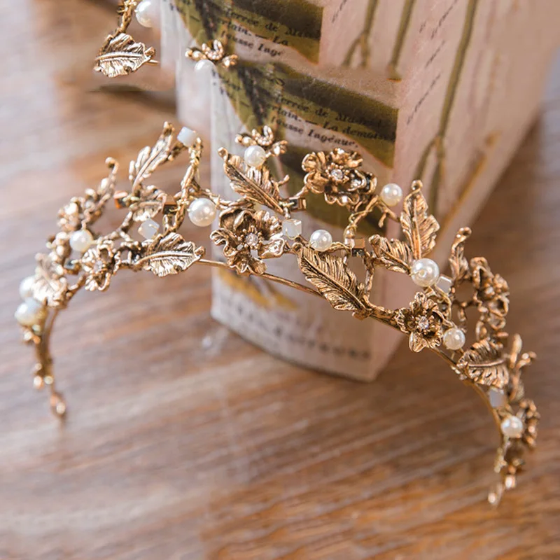 Фото 2017 New Vintage gold tiara headband baroque crown crystal pearl tiaras crowns hairband wedding hair jewelry bridal accessories | Украшения