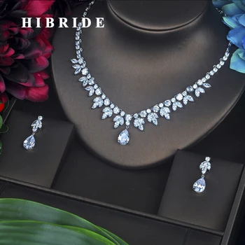 

HIBRIDE Luxury Design Water Drop Pear Cut Necklace /Pendant Earrings Cubic Zirconia Women Bridal Jewelry Sets N-164
