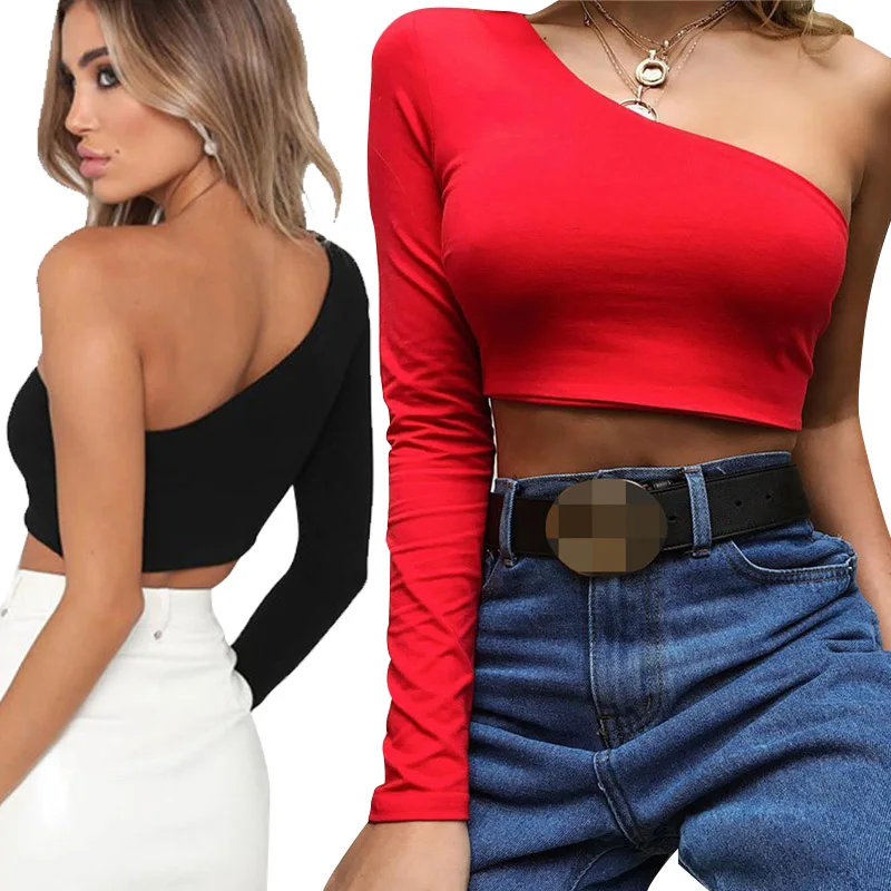 2019 Summer One Shoulder Slope Neckline T Shirt Sexy Solid Long Sleeve Women's Tshirt White Black Crop Top Tee female T-shirts
2019 Summer One Shoulder Slope Neckline T Shirt Sexy Solid Long Sleeve Women's Tshirt White Black Crop Top Tee female T-shirts