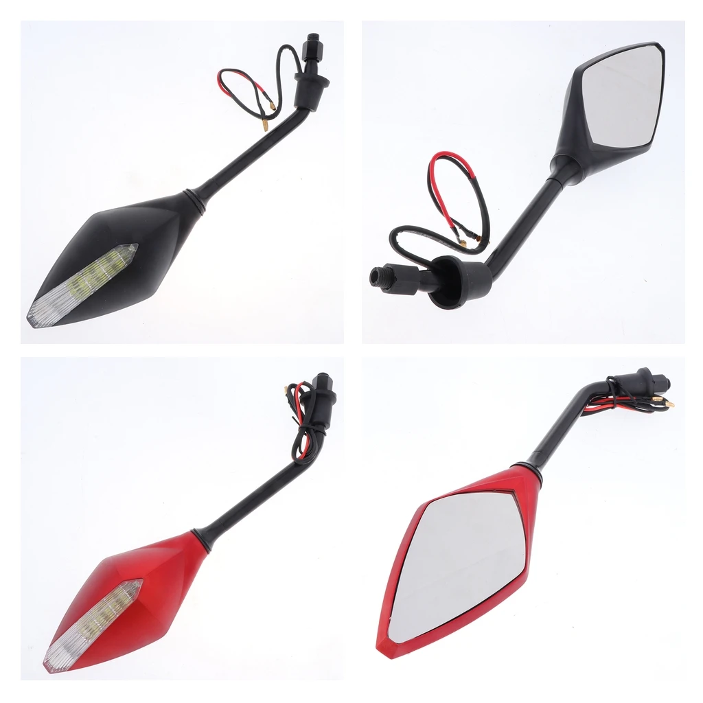 4X Universal 10mm Motorcycle Rearview Side Mirrors LED Turn Signal Red/Black High Toughness and Smooth Surface ABS Shell Glass