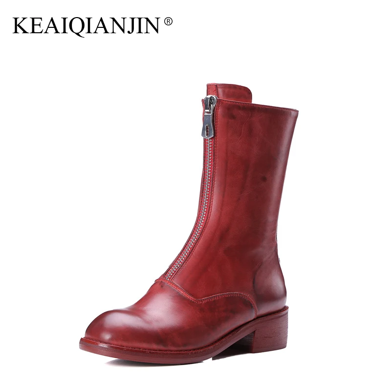 KEAIQIANJIN Woman Punk Boots Spring Autumn Plus Size 33 - 40 Black Red White Ankle Boots Genuine Leather Martens Boots 2017