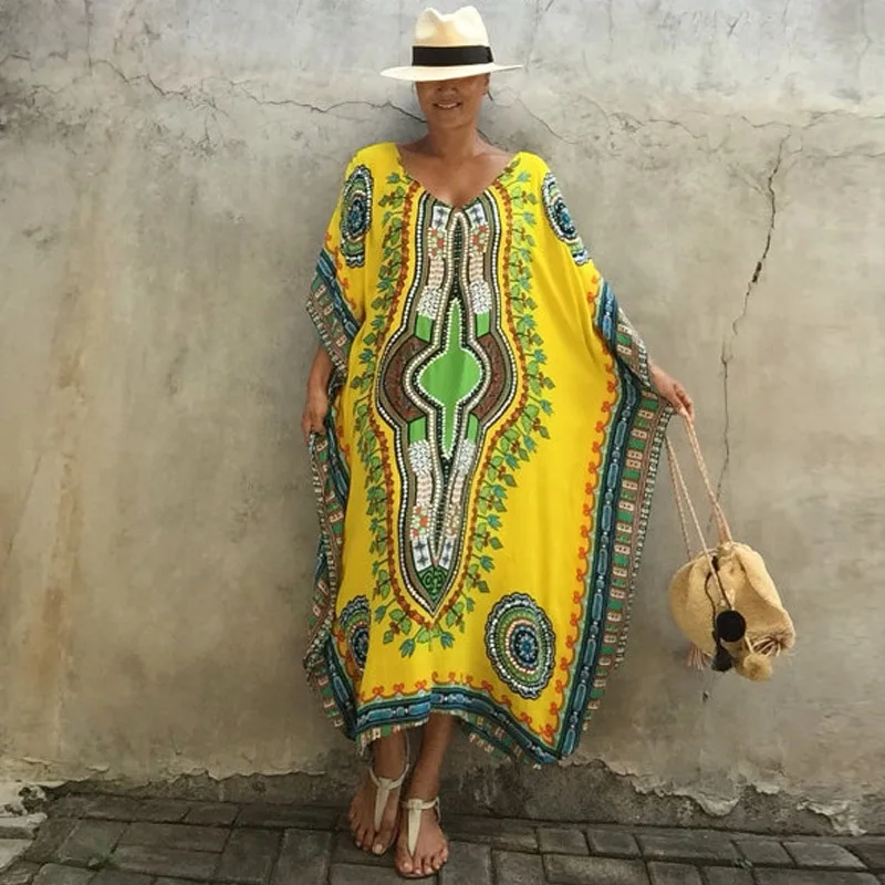 

Large size print yellow casual runway dashiki dress 2018 women high quality dress For Fat Floor-Length long sleeve maxi dress