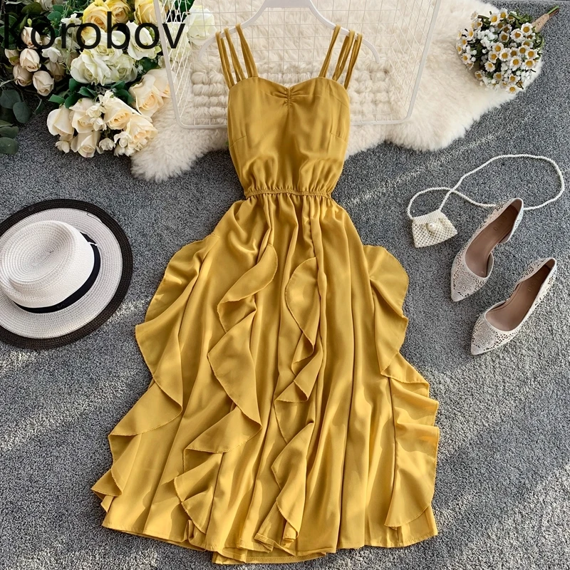 Korobov Korean Solid Srap Spaghetti Dresses Women High Waist Elegant Ruffles Vestidos Sexy Backless Boho Robe Femme 78476
Korobov Korean Solid Srap Spaghetti Dresses Women High Waist Elegant Ruffles Vestidos Sexy Backless Boho Robe Femme 78476