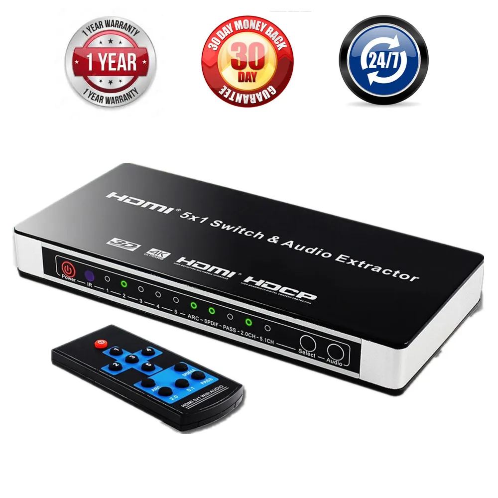 5 Port HDMI Switch Audio Extractor 4K 5x1 1.4 HDMI Switch With ARC & IR Remote HDMI Switch RCA Splitter For PS3 PS4 XBox HDTV
5 Port HDMI Switch Audio Extractor 4K 5x1 1.4 HDMI Switch With ARC & IR Remote HDMI Switch RCA Splitter For PS3 PS4 XBox HDTV