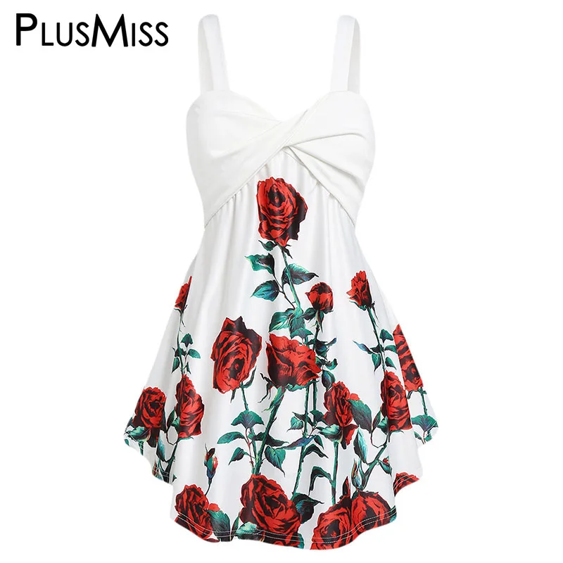 

PlusMiss Plus Size 5XL Rose Floral Printed Tunic Cami Tops Women Clothes Big Size XXXXL XXXL XXL Summer White Boho Vest Camisole