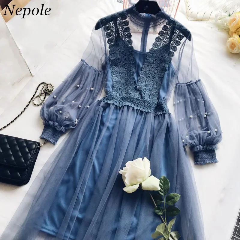 Neploe Lace Mesh Patchwork Vestido Two Pieces Blouse+Dress Perspective Verano 2019 Spring Autumn Fake Pearls Beading Jupe 69394
Neploe Lace Mesh Patchwork Vestido Two Pieces Blouse+Dress Perspective Verano 2019 Spring Autumn Fake Pearls Beading Jupe 69394