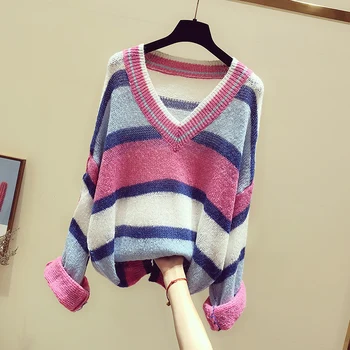 2019 spring new deep v-neck striped women sweaters and pullovers knitted loose lady colorful casual outwear tops
2019 spring new deep v-neck striped women sweaters and pullovers knitted loose lady colorful casual outwear tops