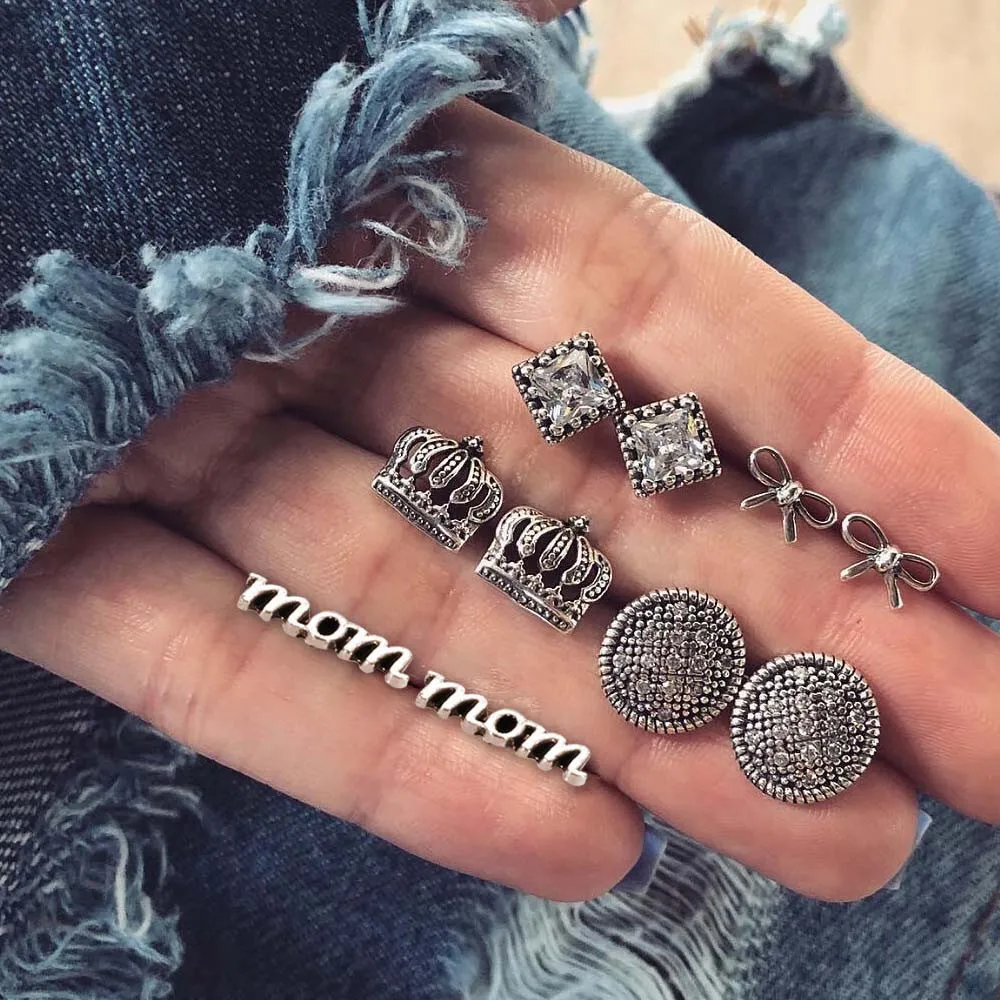 2018 Trendy Women Earrings Jewelry Vintage Silver Geometric Square Crystal Crown Earings Small Mom Letter Ear Studs 5 Pairs Set
2018 Trendy Women Earrings Jewelry Vintage Silver Geometric Square Crystal Crown Earings Small Mom Letter Ear Studs 5 Pairs Set