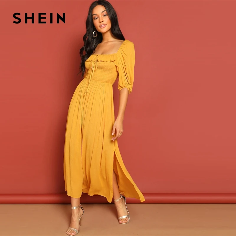 SHEIN Ginger Party Knot Front Shirred Panel Square Neck Drawstring Ruffle Split Dress Women Elegant Half Sleeve Spring Dresses 
SHEIN Ginger Party Knot Front Shirred Panel Square Neck Drawstring Ruffle Split Dress Women Elegant Half Sleeve Spring Dresses