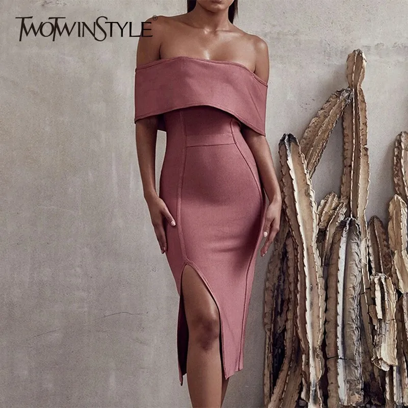 TWOTWINSTYLE Slash Neck Sexy Bodycon Dress Women Off Shoulder Side Split Midi Evening Party Dresses Female 2019 Autumn Fashion
TWOTWINSTYLE Slash Neck Sexy Bodycon Dress Women Off Shoulder Side Split Midi Evening Party Dresses Female 2019 Autumn Fashion