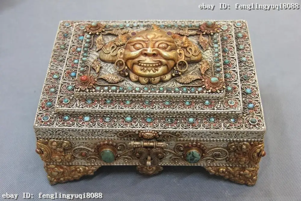 Old Silver & Copper Gold Gilt inlay Turquoise Coral Gem Garuda Case Jewelry Box
Old Silver & Copper Gold Gilt inlay Turquoise Coral Gem Garuda Case Jewelry Box