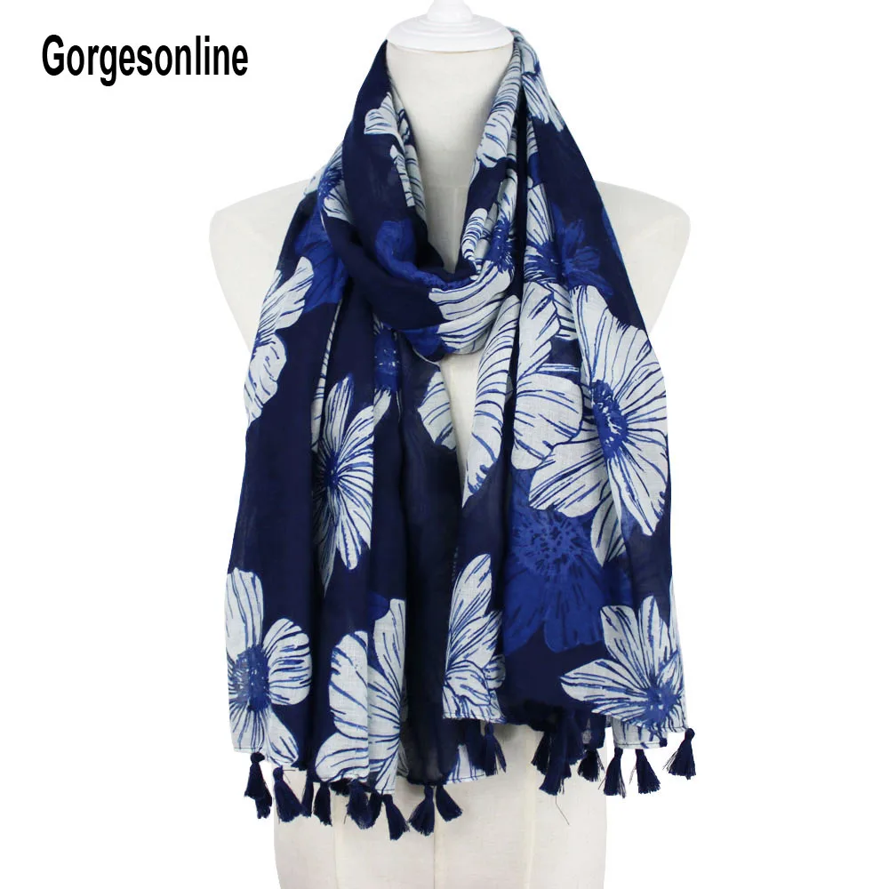 Gorgesonline Very fashion popular navy white flower printed women 100% viscose scarf tassel
Gorgesonline Very fashion popular navy white flower printed women 100% viscose scarf tassel