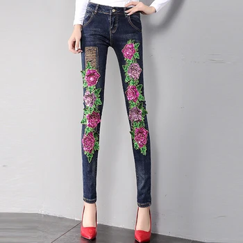 Fall Spring Fashion Women Sequins Flower Embroidered Skinny Pencil Jeans Pants , Summer Female Woman Elastic Hole Denim Trousers
Fall Spring Fashion Women Sequins Flower Embroidered Skinny Pencil Jeans Pants , Summer Female Woman Elastic Hole Denim Trousers