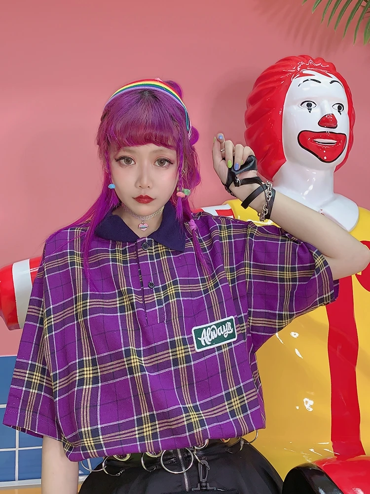 Japanese Harajuku Style Purple Lattice Korean Turn-lapel shirts Embroidery Letter Loose Sweet Beauty shirt
Japanese Harajuku Style Purple Lattice Korean Turn-lapel shirts Embroidery Letter Loose Sweet Beauty shirt