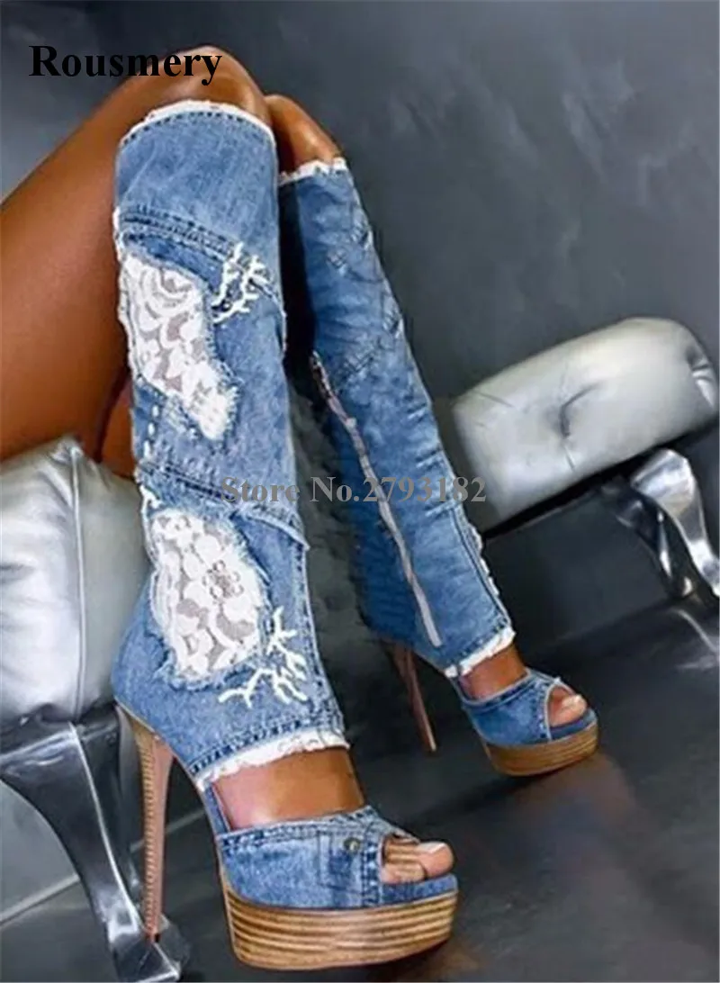 

Brand Fashion Women Peep Toe Blue Denim High Platform Thin Heel Knee High Gladiator Boots Sexy Slim Long High Heel Jean Boots