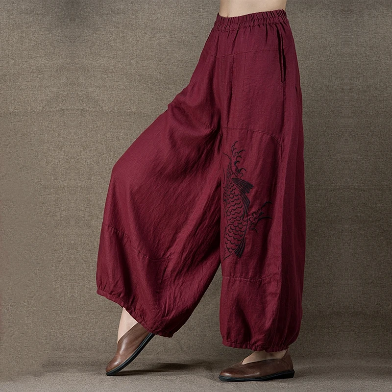 Jiqiuguer Women's Long Linen Pants w/ Fish Embroidered Wide Leg