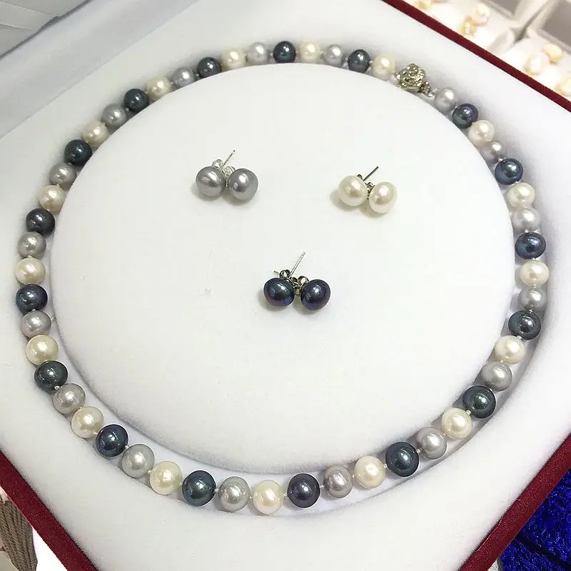 

white grey(gray) peacock mix color necklace stud earring set shine perfectly round natural Cultured freshwater pearl Classic