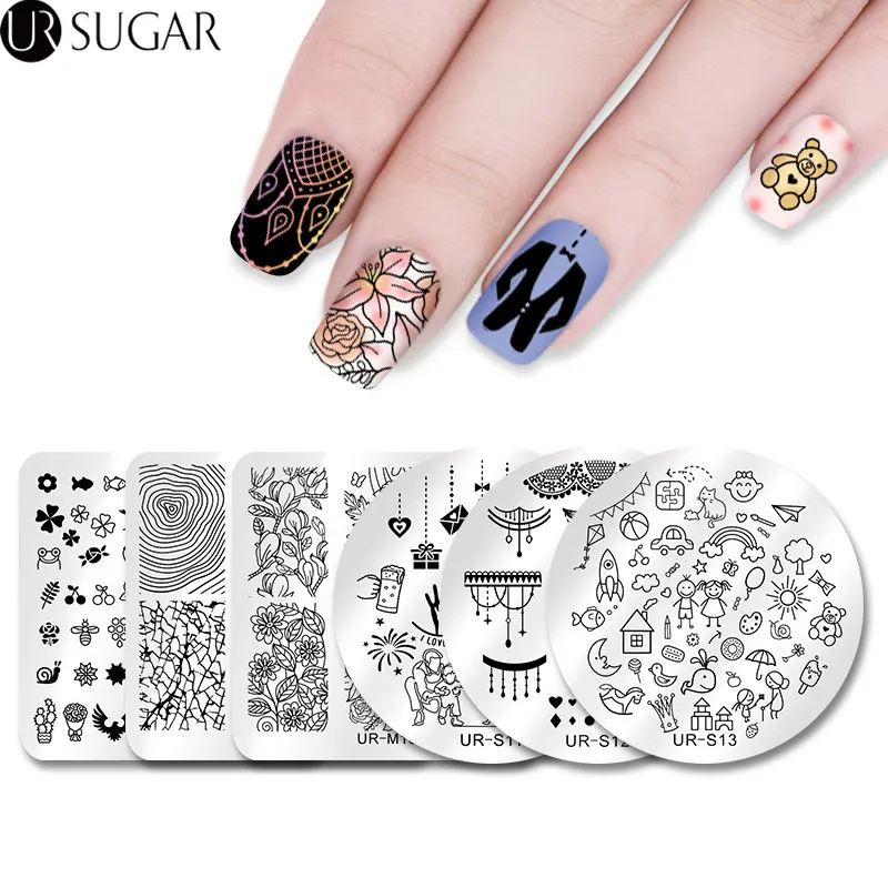 

UR SUGAR Happy Father's Day Nail Stamping Plate Lace Necklace Stripe Line Round Template Manicure Nail Art DIY Stamp Image Plate