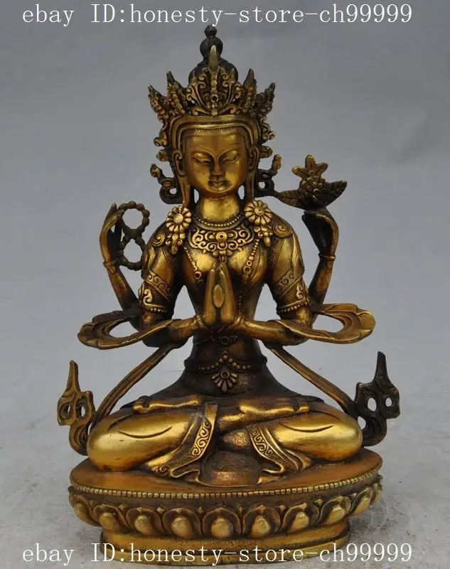 old tibet buddhism gild bronze 4 Arms Chenrezig goddess Kwan-yin buddha statue