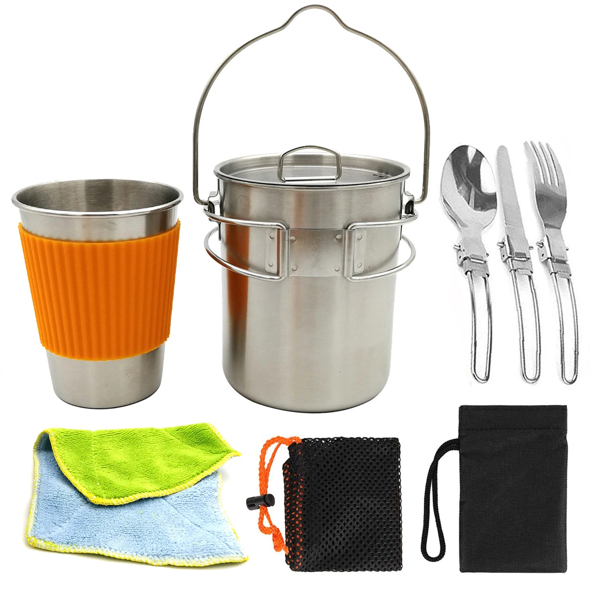 Camping Cookware Kit Stainless Steel Camping Pot with Hanger Water Cup with Protector Fork Spoon Knife Accessory for Picnic
Camping Cookware Kit Stainless Steel Camping Pot with Hanger Water Cup with Protector Fork Spoon Knife Accessory for Picnic