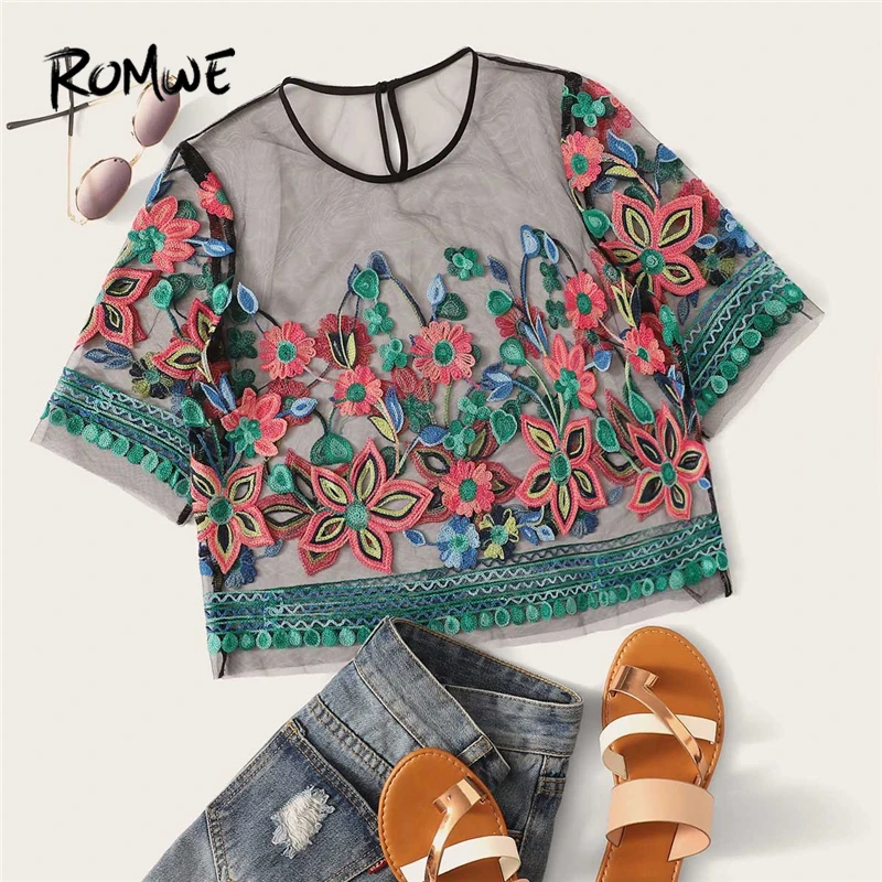 ROMWE Multicolor Floral Embroidery Sheer Mesh Blouse Women Summer 2019 Round Neck Short Sleeve Sexy Crop Tops And Blouses
ROMWE Multicolor Floral Embroidery Sheer Mesh Blouse Women Summer 2019 Round Neck Short Sleeve Sexy Crop Tops And Blouses