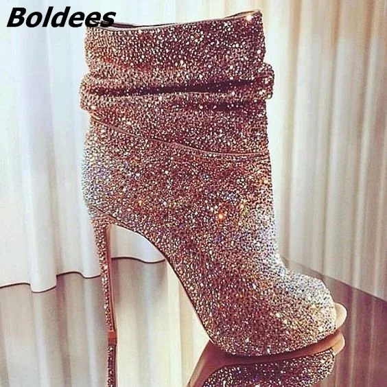 Luxury Women Bling Bling Crystal Ankle Boots Open Toe Stiletto Heels Ankle Boots Shining Diamond Gold Dress Shoes Big Size 10
Luxury Women Bling Bling Crystal Ankle Boots Open Toe Stiletto Heels Ankle Boots Shining Diamond Gold Dress Shoes Big Size 10