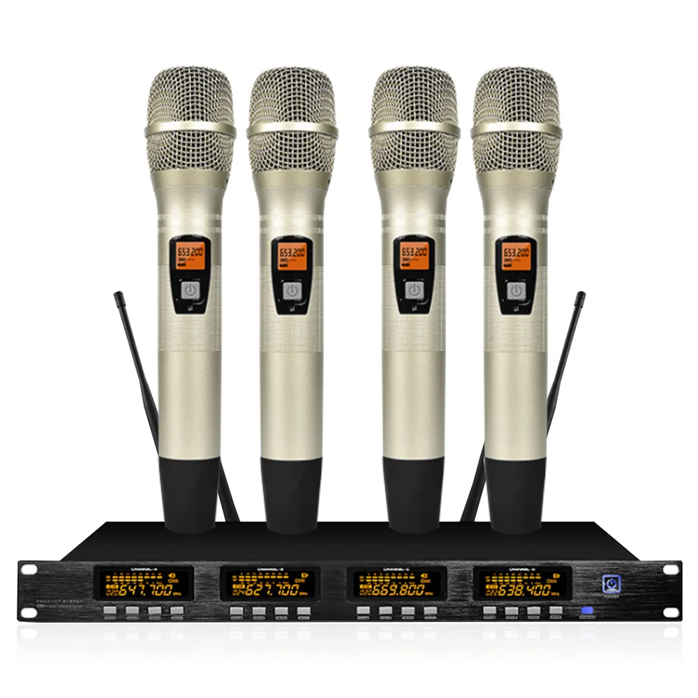 Professional wireless microphone system four-channel UHF handheld lavalier microphone Karaoke party stage
Professional wireless microphone system four-channel UHF handheld lavalier microphone Karaoke party stage