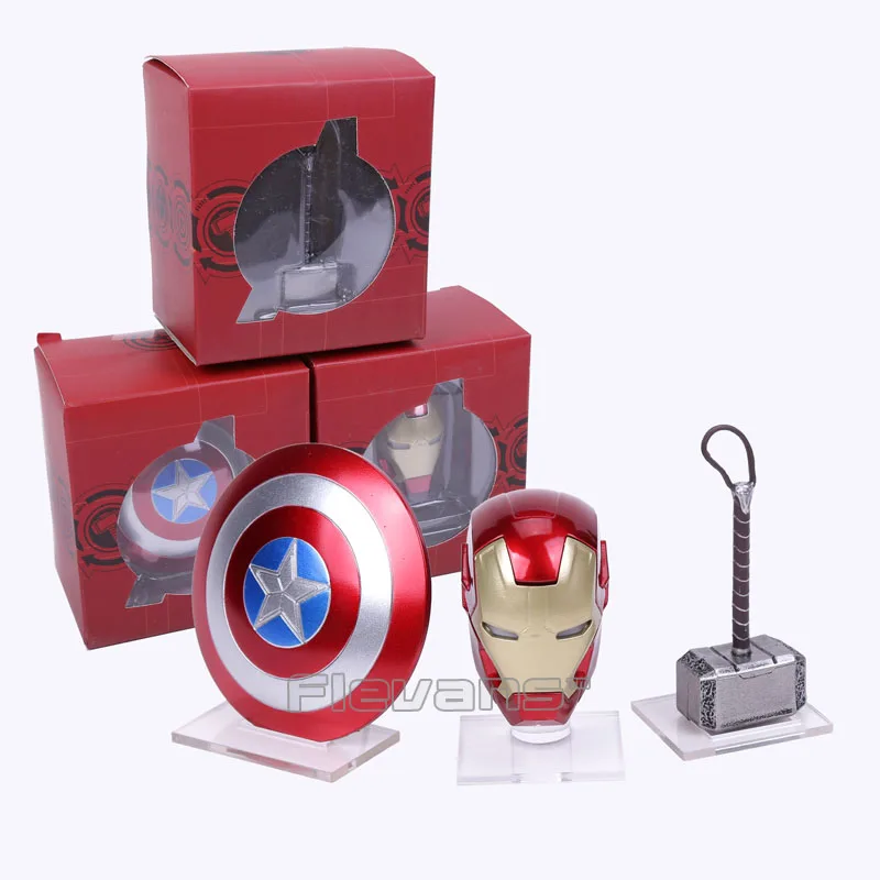 Image Avengers Super hero Mini Weapons Captain America Shield + Iron Man Helmet + Thor Hammer Figures Model Toys with LED Light Set